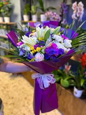 Mor Kristal - Lila Lilyum ve Mor Lisianthus Buketi - 1