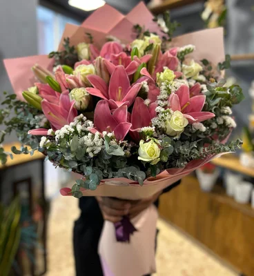 Pembe Gala - İri Kafa Pembe Lilyum Buketi - 1
